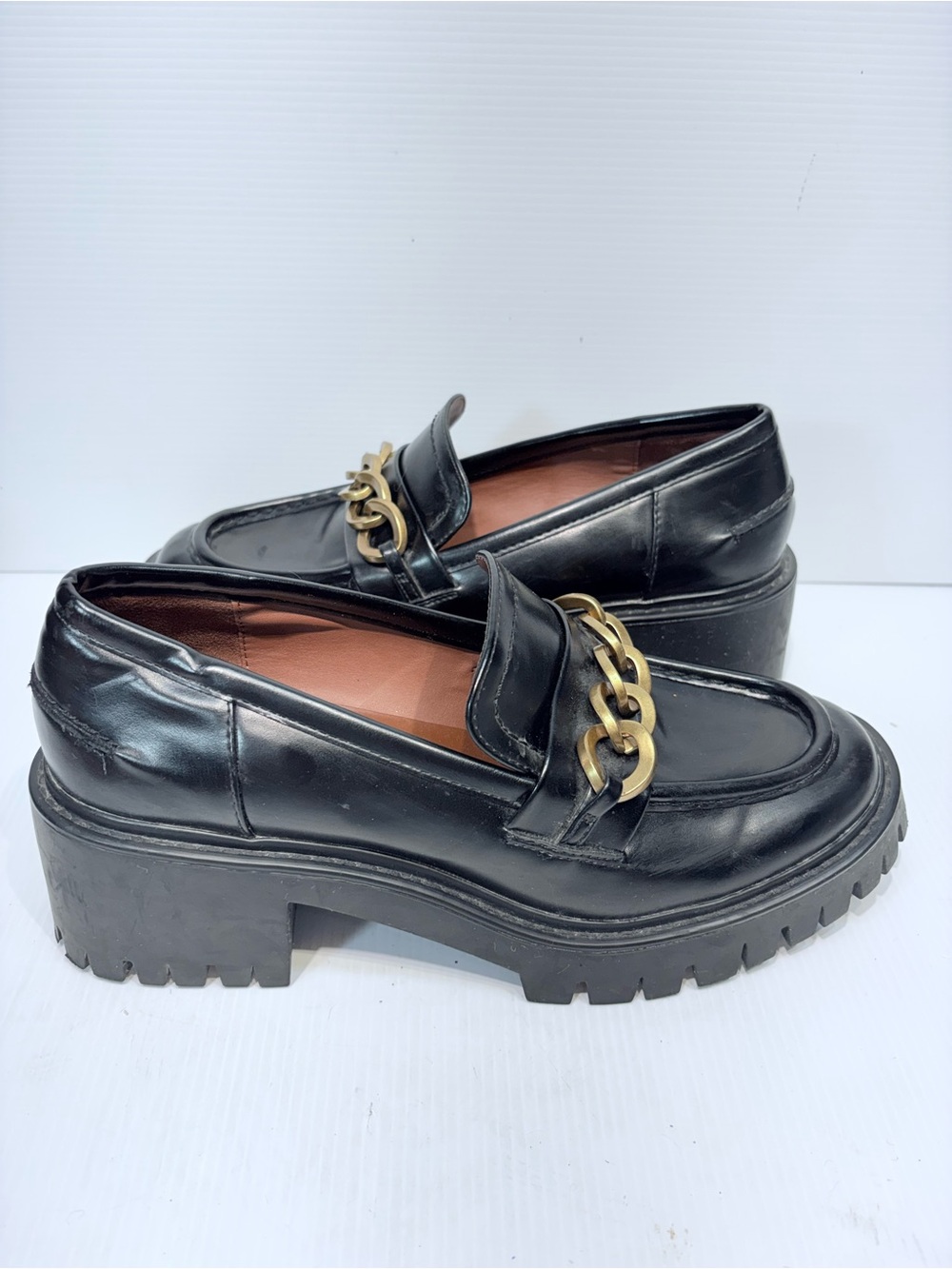 ZARA Black Leather Platform Loafers with Gold Chain - Size 9/9.5 (EU 40)